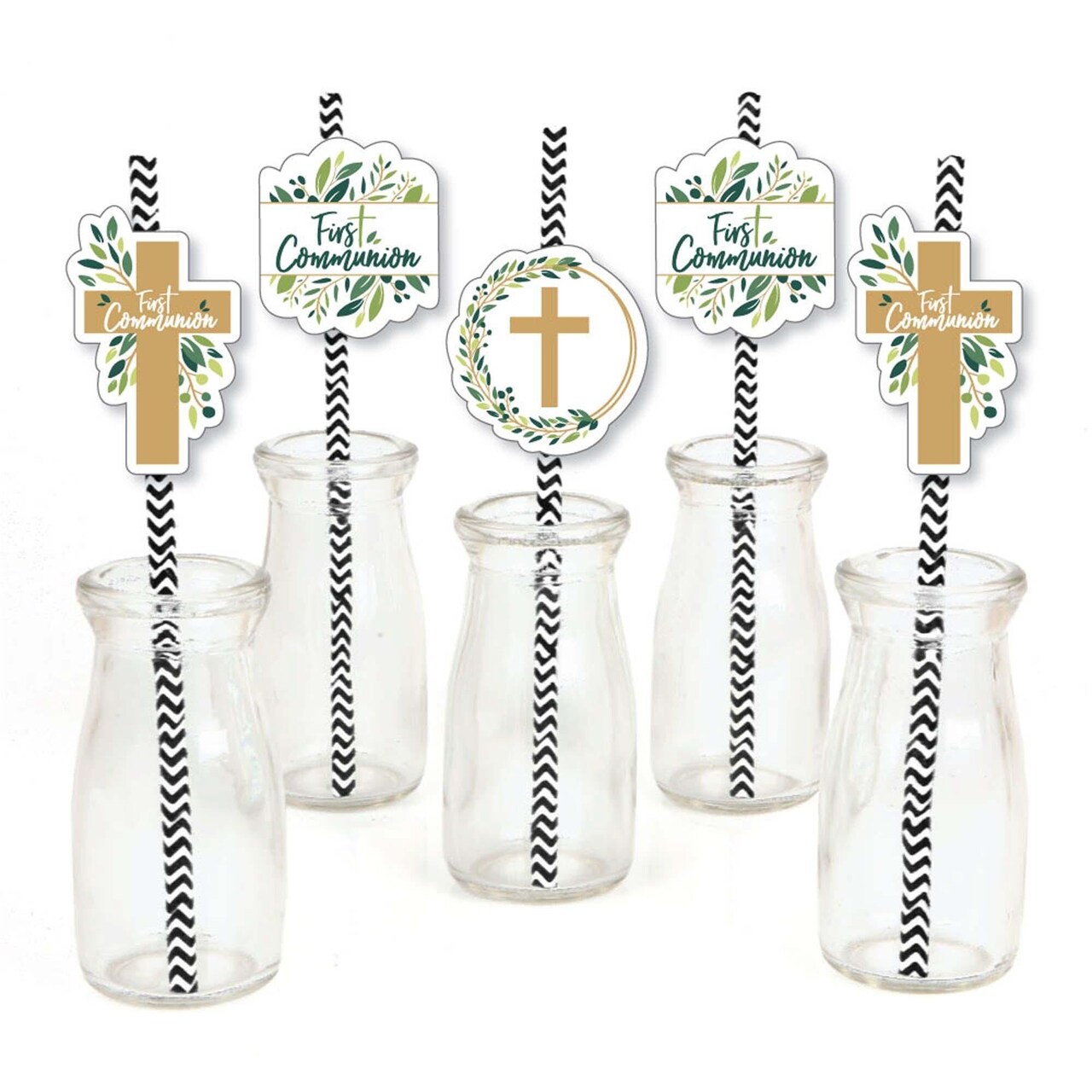 Big Dot of Happiness First Communion Elegant Cross - Paper Straw Decor - Religious Party Striped Decorative Straws - Set of 24